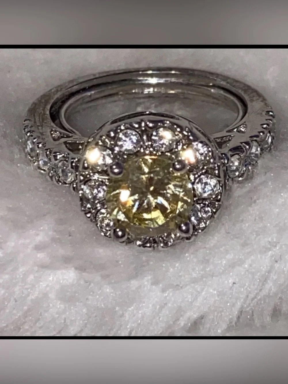 Beautiful silver Tone marked NV ornate ring with faux citrine centerstone